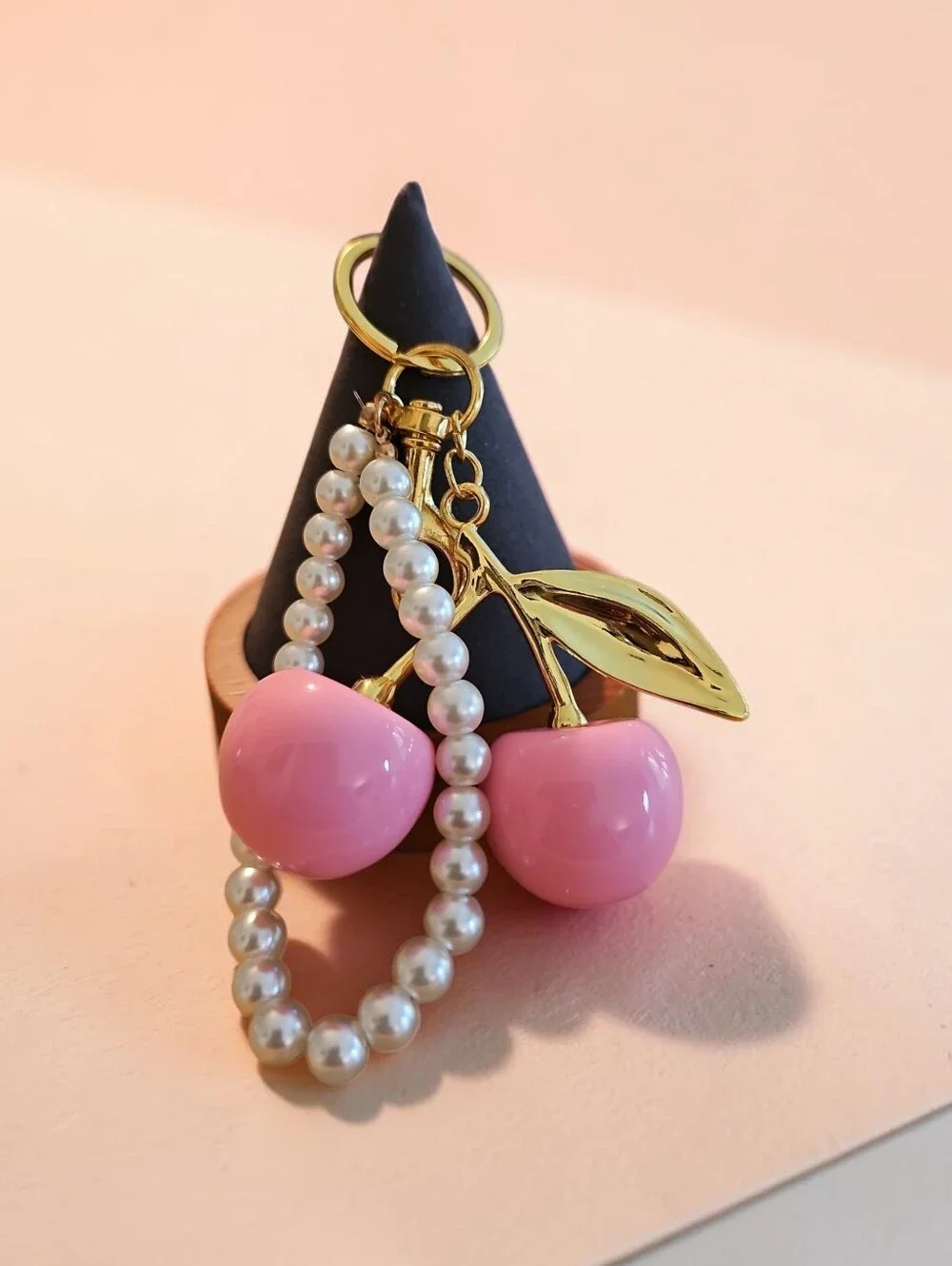 Sassified Boutique Nwt Gold Cherry  Keychain with Pink Enamel and Pearl Loop